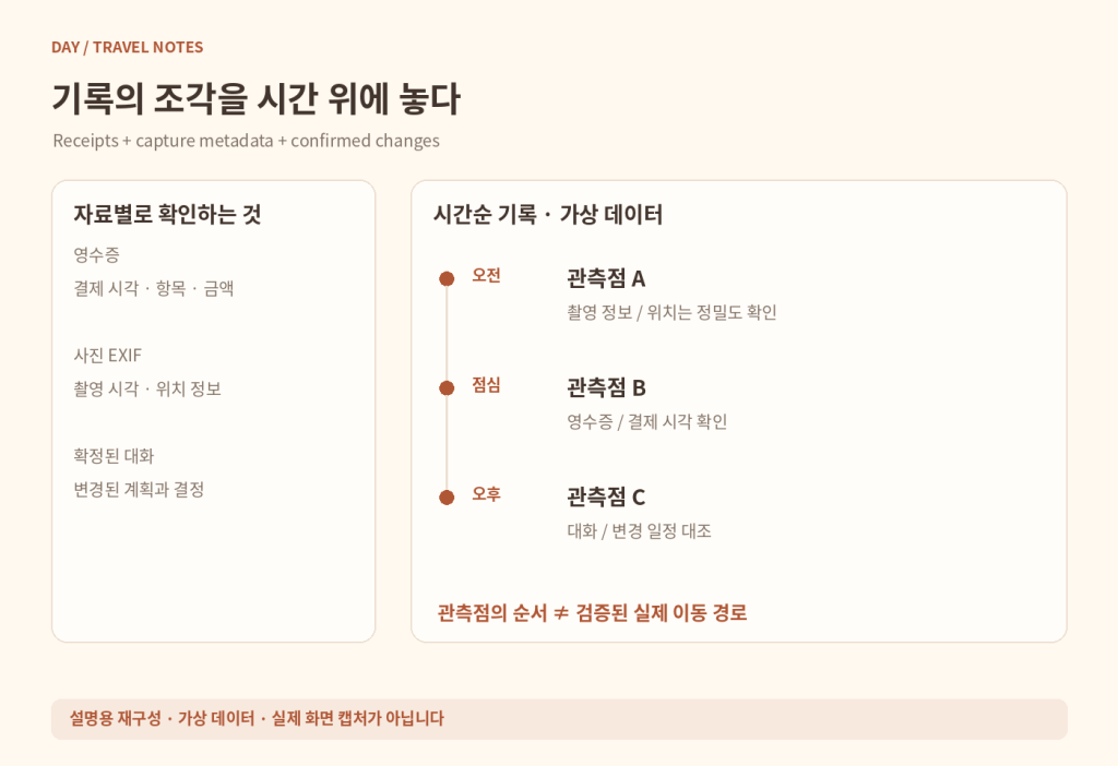 영수증, 사진 EXIF, 대화에서 확정한 변경을 하나의 타임라인으로 대조하는 방법을 가상 데이터로 보여 주는 예시.
